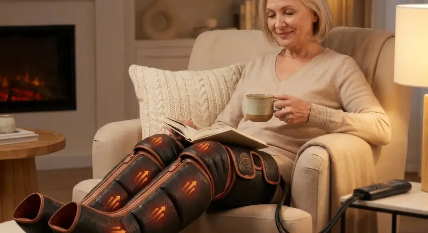 Relaks przy kominku z książką i kubkiem herbaty, podczas gdy presoterapia w domu dba o Twoje nogi.