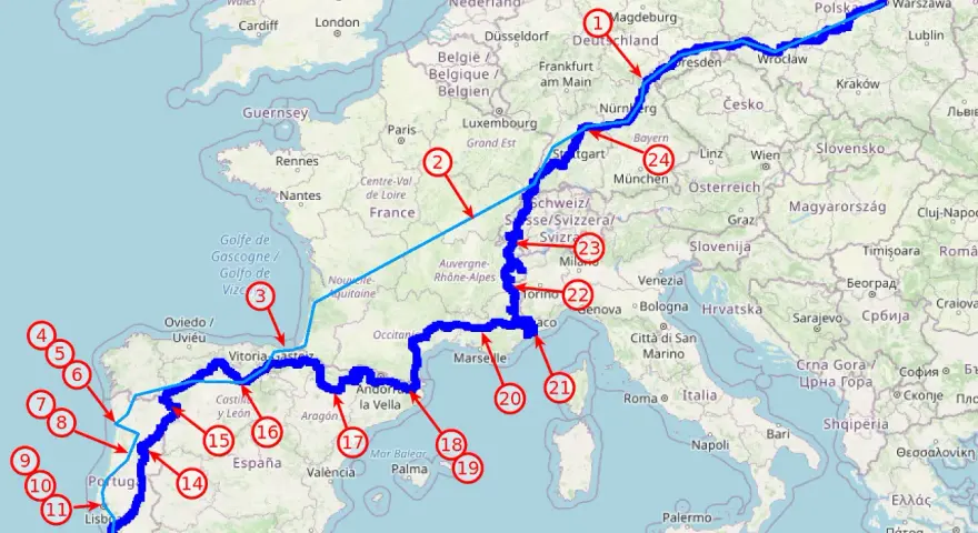 Trasa z Magdeburga do Lizbony, obejmująca wybrzeże lizbońskie, z zaznaczonymi punktami i miastami Europy.