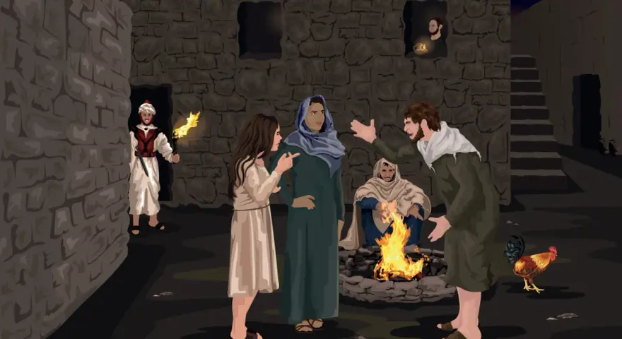 A man with a torch approaches a group gathered around a fire. Blessed are those who are persecuted for righteousness' sake.