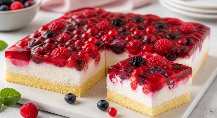 Saftige beerentorte ohne backen mit Himbeeren, Blaubeeren und Johannisbeeren in klarem Gelee auf luftiger Creme.