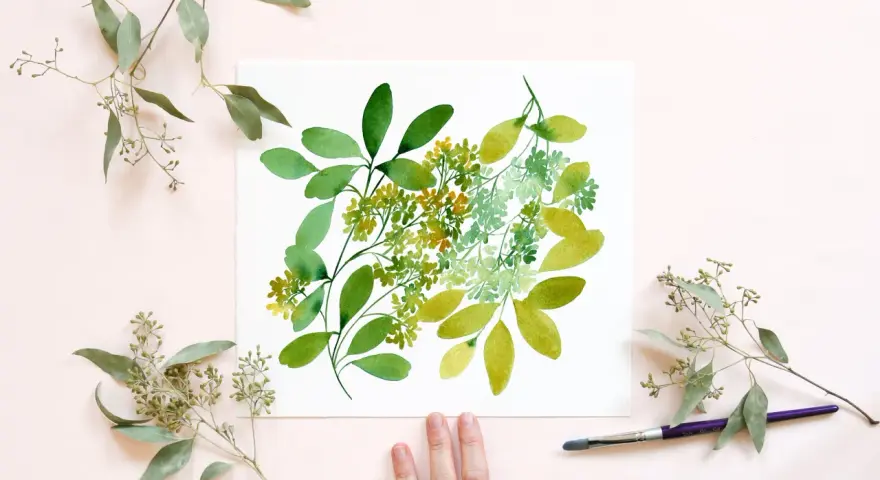 Une peinture à l'eucalyptus aquarelle, avec des touches de vert vif et des feuilles délicates, inspirée par la nature.