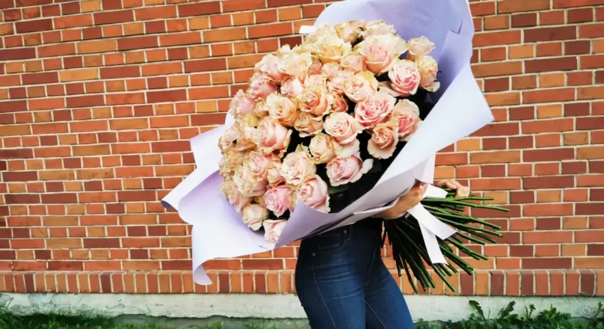 Ogromny bukiet 108 róż w odcieniach różu i brzoskwini, owinięty w fioletowy papier, trzymany przez osobę w dżinsach na tle ceglanej ściany.