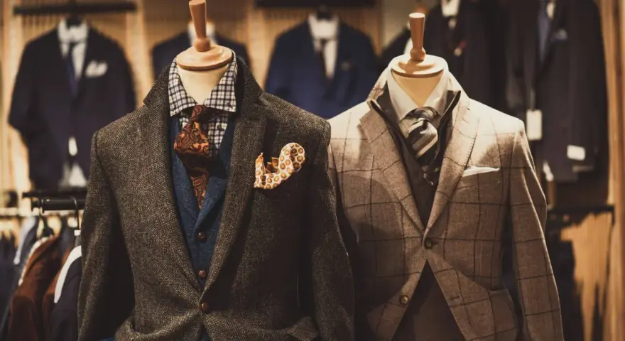 Eleganckie męskie garnitury w różnych kolorach i wzorach, prezentowane na manekinach. W tle widać więcej stylizacji.
