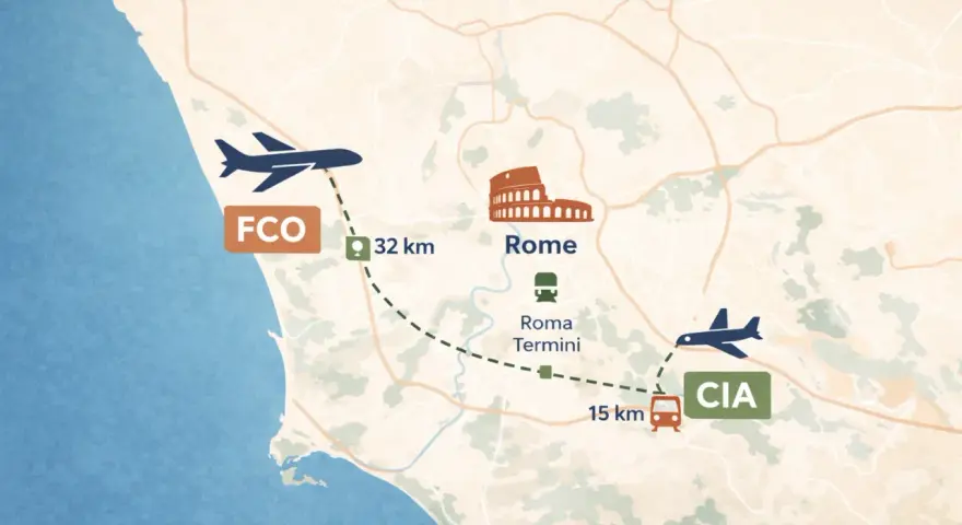 Mapa pokazuje trasę z lotniska Fiumicino do Rzymu (32 km) i dalej do lotniska Ciampino (15 km).