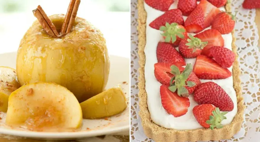 Manzana asada con canela y tarta de fresas con crema.