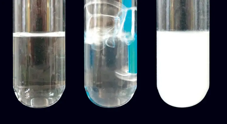 Drei Reagenzgläser zeigen eine klare Flüssigkeit, sprudelnde Flüssigkeit und eine milchige Flüssigkeit. Dies ist eine kalkwasserprobe.