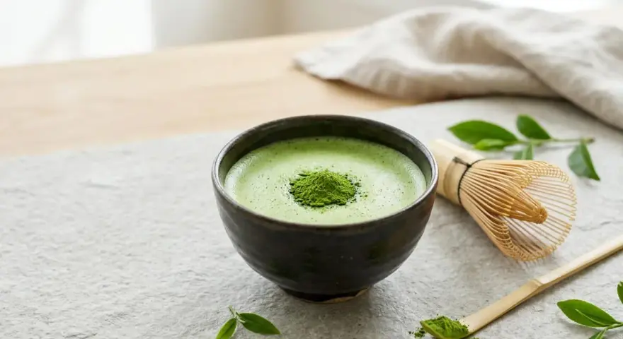 Zielona, spieniona matcha w miseczce, obok bambusowa miotełka i łyżeczka. Idealna na chwilę relaksu. Gdzie kupić taką matchę?