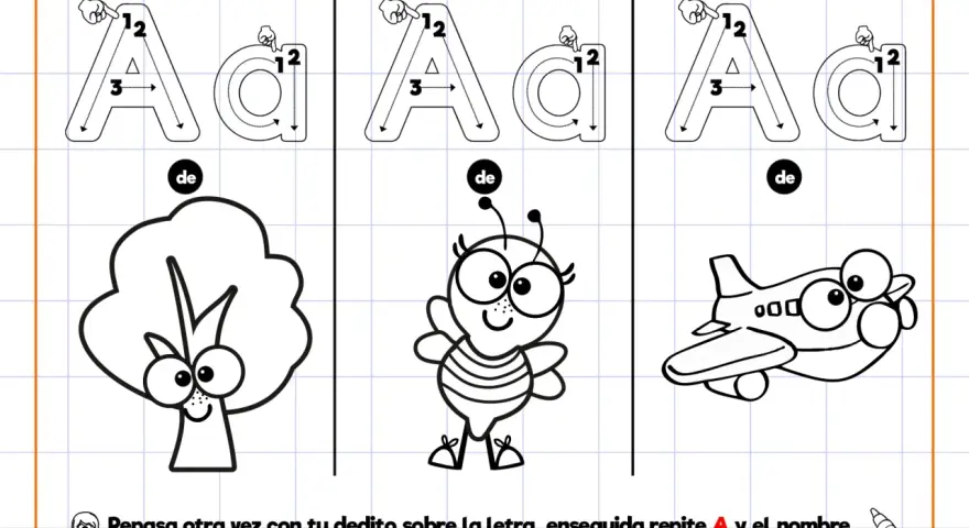 Ejercicios de grafomotricidad vocales: A de árbol, A de abeja, A de avión. ¡Practica la letra A!