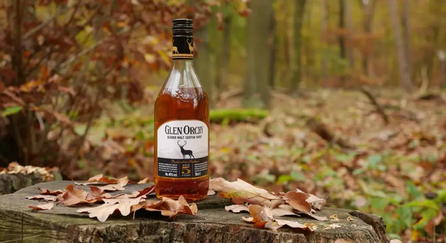 Glen Orchy Whisky steht auf einem Baumstumpf im Herbstwald, umgeben von Laub.