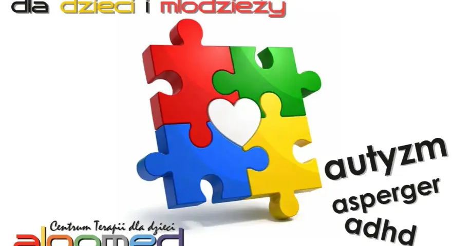 Kolorowe puzzle tworzą serce, symbolizując nadzieję i wsparcie. Centrum terapii dla dzieci i młodzieży oferuje pomoc w zakresie autyzmu, aspergera, adhd i add.