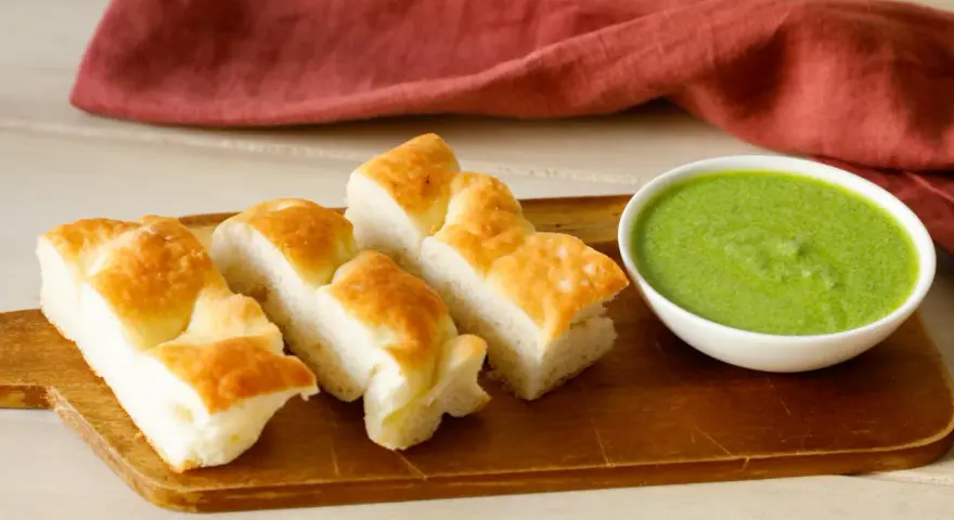 Focaccia tagliata a pezzi su tagliere di legno, accanto a una ciotola di pesto di salvia.