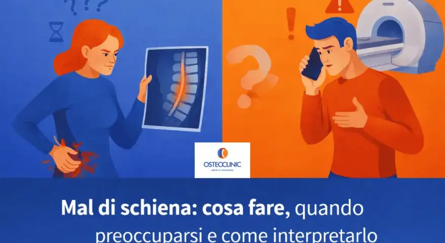 Donna con mal di schiena guarda una radiografia. Uomo al telefono con risonanza magnetica sullo sfondo.