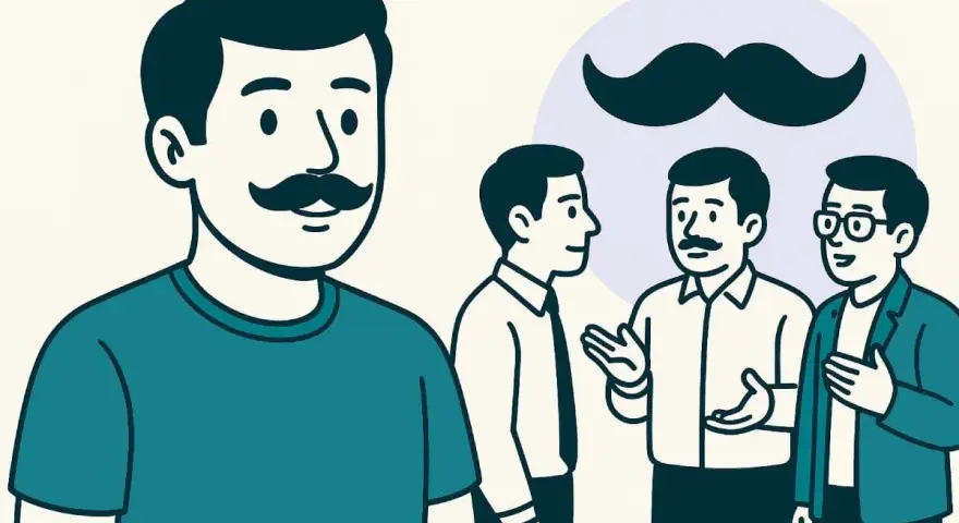 Hombres con bigote conversan. Uno al frente, tres al fondo con un gran bigote flotando. Celebrando el Movember que es.