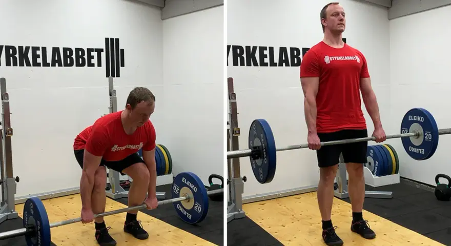 Man utför marklyft i gym. Bilden visar startpositionen och slutpositionen för en repetition i ett marklyft program.