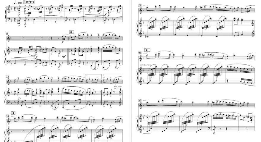 Fragment nut fortepianowych z oznaczeniem "IV. Krakowiak" i "Intro".