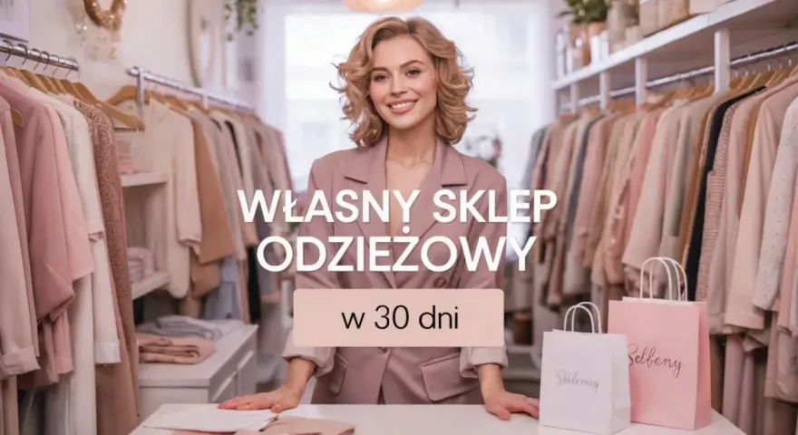 Uśmiechnięta kobieta w różowym żakiecie stoi w butiku pełnym ubrań. Tekst głosi "Własny sklep odzieżowy w 30 dni". To inspiracja dla tych, którzy marzą o własnych sieciówkach.