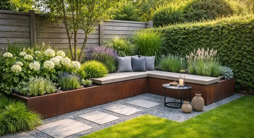 Eine tote Ecke im Garten gestalten: Eine L-förmige Holzbank mit Kissen, umgeben von Gräsern, Hortensien und Lavendel, schafft eine gemütliche Sitzecke.