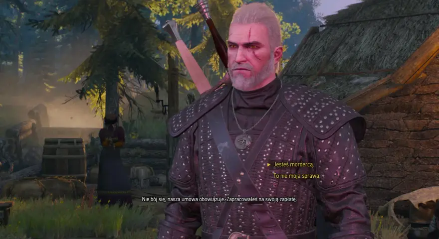 Geralt z Rivii w zbroi, w sercu lasu w Wiedźmin 3, rozmawia z kobietą.