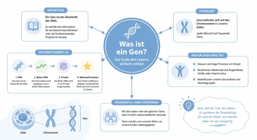 Ein Gen ist ein DNA-Abschnitt, der Merkmale bestimmt. Dieser phänotypische Code wird von Eltern an Kinder weitergegeben und macht jeden einzigartig.