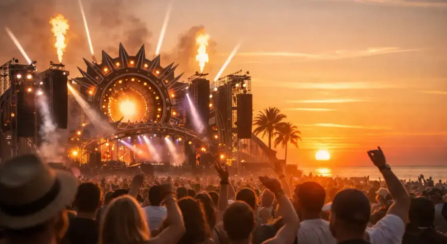 Tłum ludzi na plaży, płomienie buchające ze sceny, zachód słońca i muzyka na Sunrise Festival 2026.
