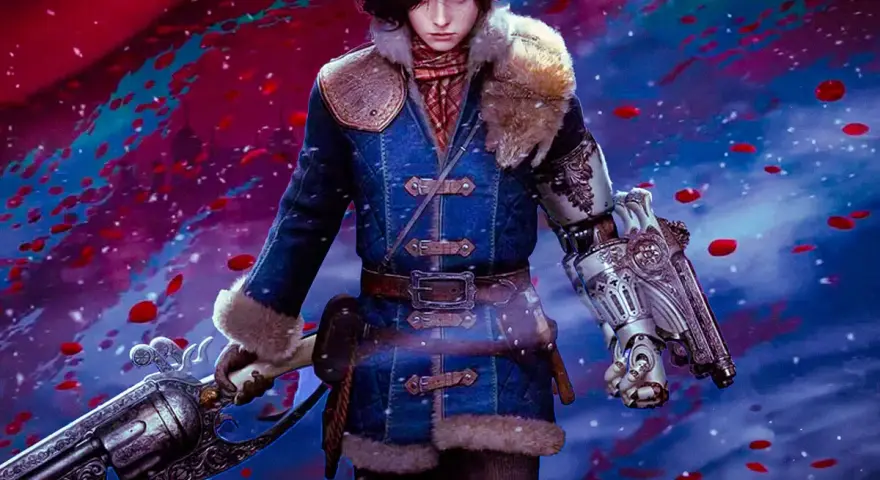 Joven con brazo mecánico y arma antigua, rodeado de pétalos rojos. ¿Será esta la aventura que trae el dlc Lies of P?