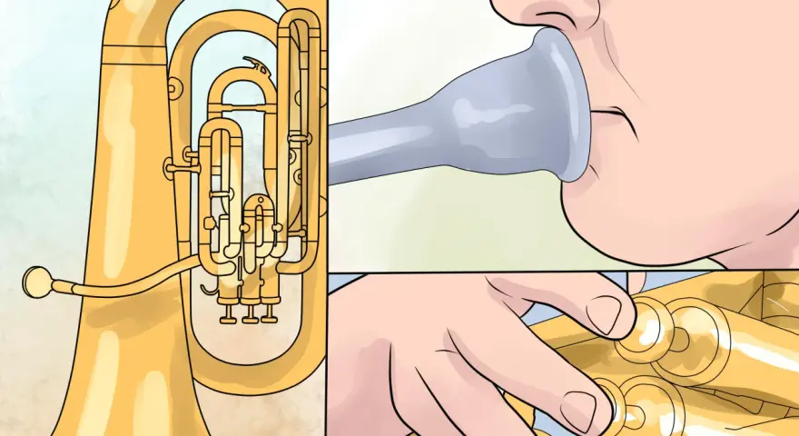 Tuba-Steckbrief für Kinder: So lernt man das Instrument kennen. Ein Kind bläst ins Mundstück, die Finger liegen auf den Ventilen.