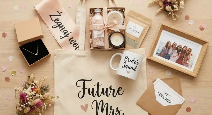 Elegancki prezent na wieczór panieński: torba z napisem "Future Mrs.", naszyjnik, kosmetyki, kubek "Bride's Squad", ramka ze zdjęciem i voucher.