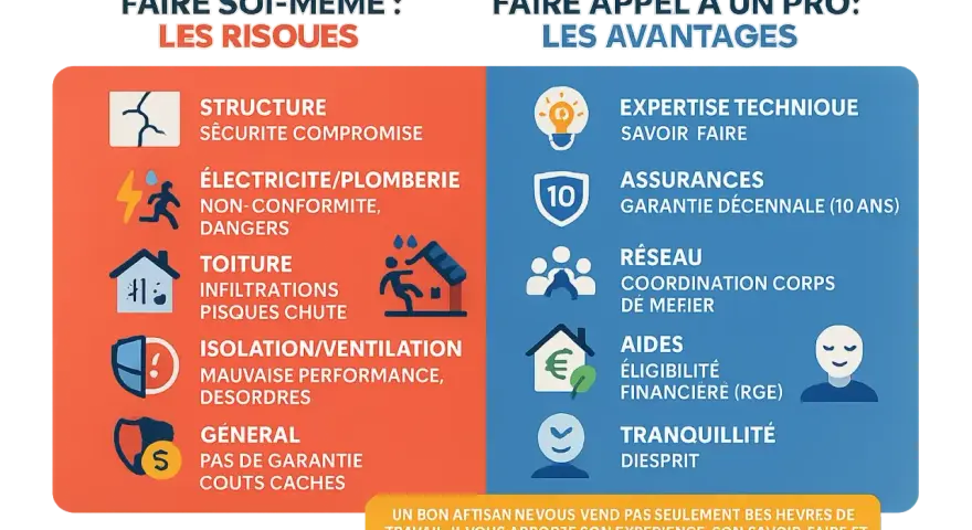 Comparaison des risques du bricolage pour rénover une maison et des avantages de faire appel à un professionnel.