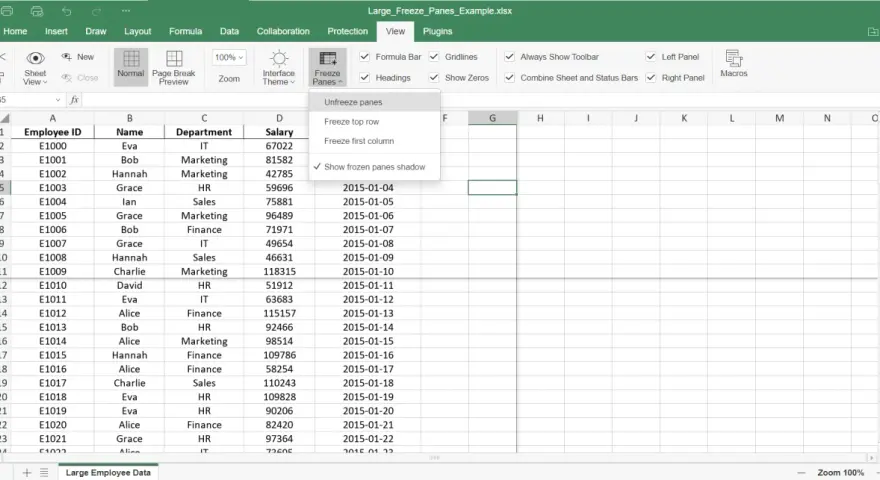 Excel-Menü zeigt Optionen zum "excel zeile fixieren". Die oberste Zeile ist bereits fixiert.