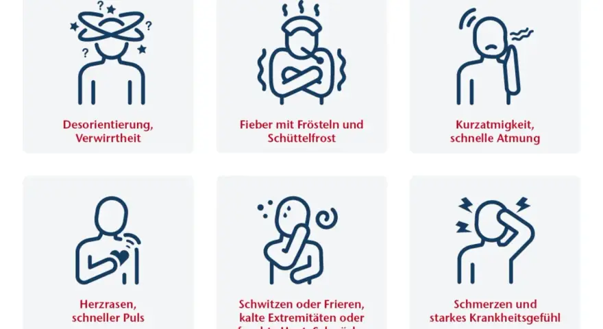 Sechs Icons zeigen häufige Sepsis Symptome: Verwirrtheit, Fieber, Kurzatmigkeit, Herzrasen, Schweißausbrüche/Frieren und Schmerzen.