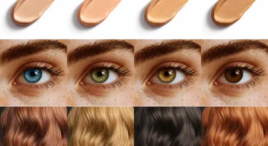 Muestras de bases de maquillaje, ojos de distintos colores y cabellos. Ideal para la **colorimetria primavera**.