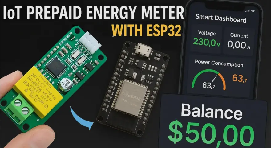 An ESP32 project for an IoT prepaid energy meter, showing the components and a smartphone dashboard displaying voltage, current, power consumption, and balance.
