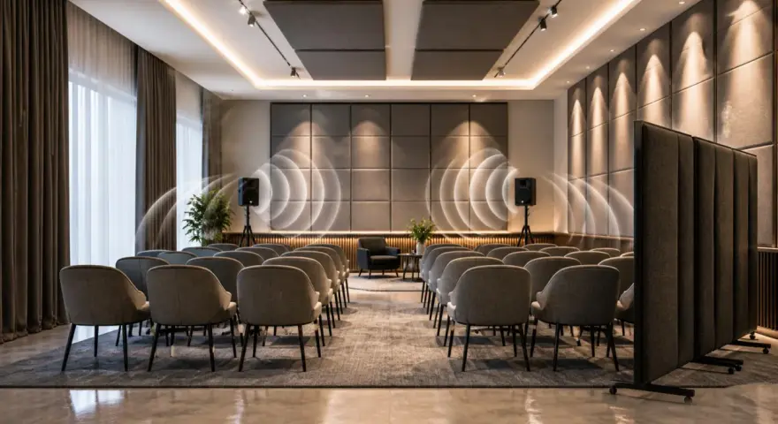 Sala konferencyjna z rzędami krzeseł, głośnikami i wizualizacją dźwięku. Słychać echo w pokoju, które odbija się od paneli ściennych.
