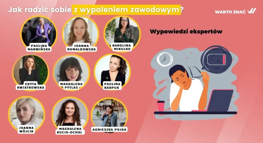 Ekspertki omawiają, jak radzić sobie z wypaleniem zawodowym. Ilustracja przedstawia zmęczoną osobę przy laptopie z ikoną rozładowanej baterii.