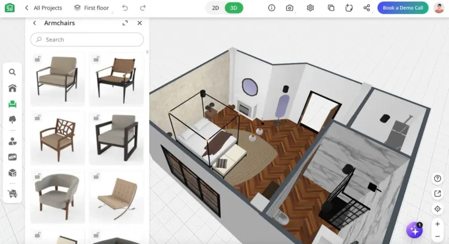 Interfaz de diseño de interiores gratis. Muestra un dormitorio 3D y una selección de sillones.
