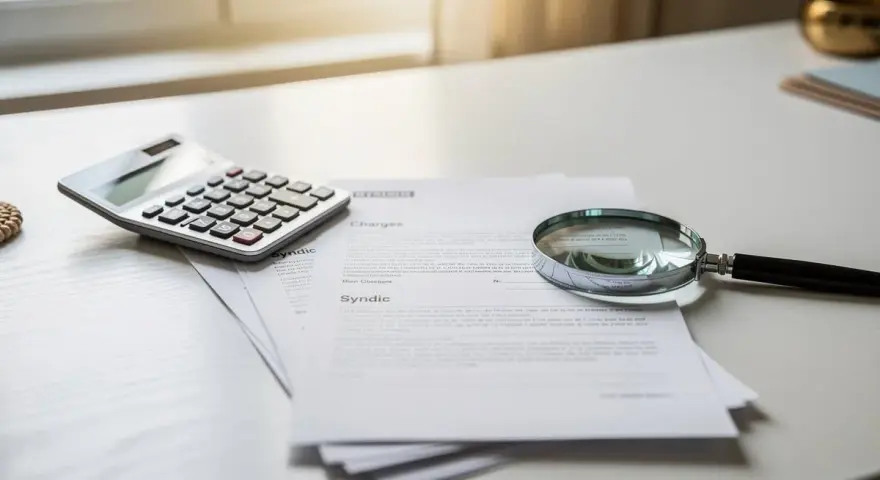 Calculatrice et loupe sur des documents pour contester charges de copropriété.
