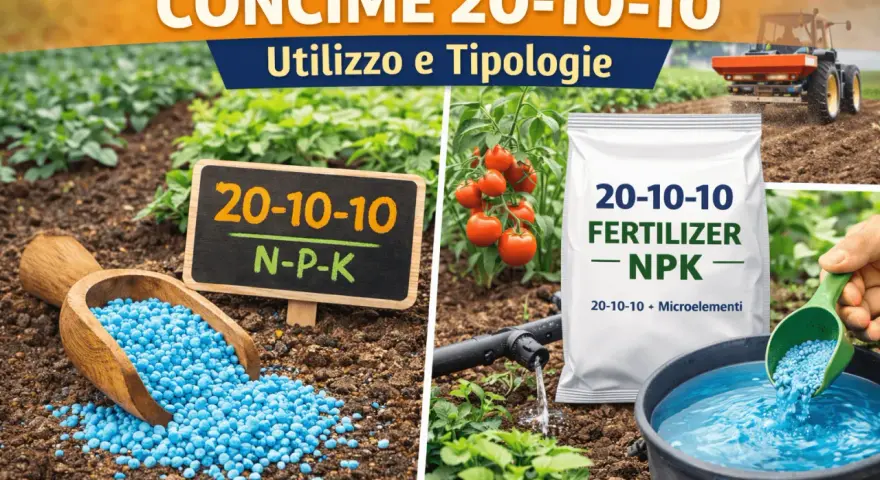 Concime NPK 20-10-10, ricco di azoto, per nutrire le piante. Granuli blu in un campo, con sacco e trattore.