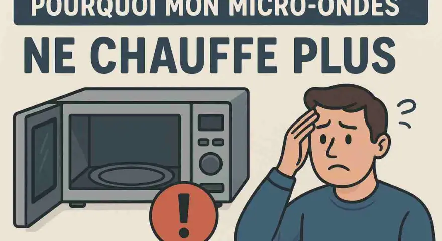 Un homme perplexe regarde son micro-ondes qui ne chauffe plus. Un point d'exclamation rouge signale le problème.