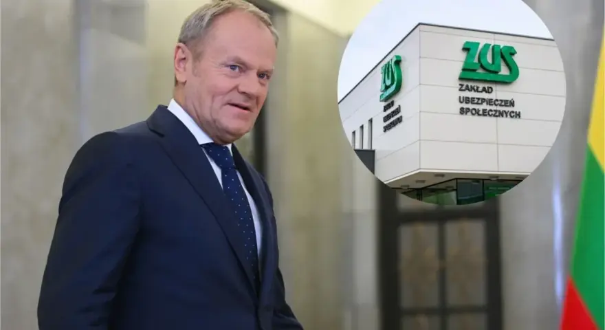 Donald Tusk i budynek ZUS. Dyskusja o emeryturach stażowych trwa.