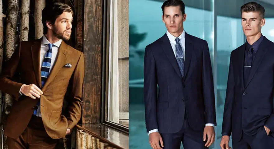 Hombres con trajes elegantes. Uno viste un traje marrón y corbata a rayas, el otro dos trajes azul marino. Un ejemplo de vestir formal.