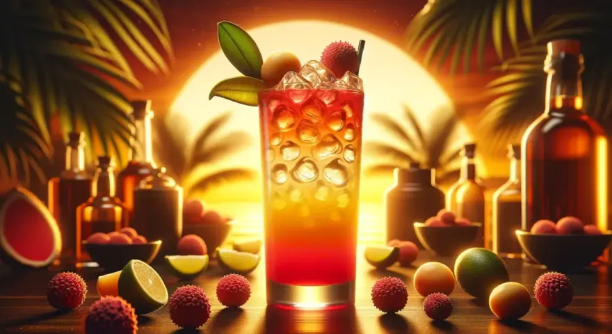 Kolorowy drink z liczi, otoczony owocami i butelkami, na tle zachodzącego słońca. Idealny na tropikalne drinki z liczi.