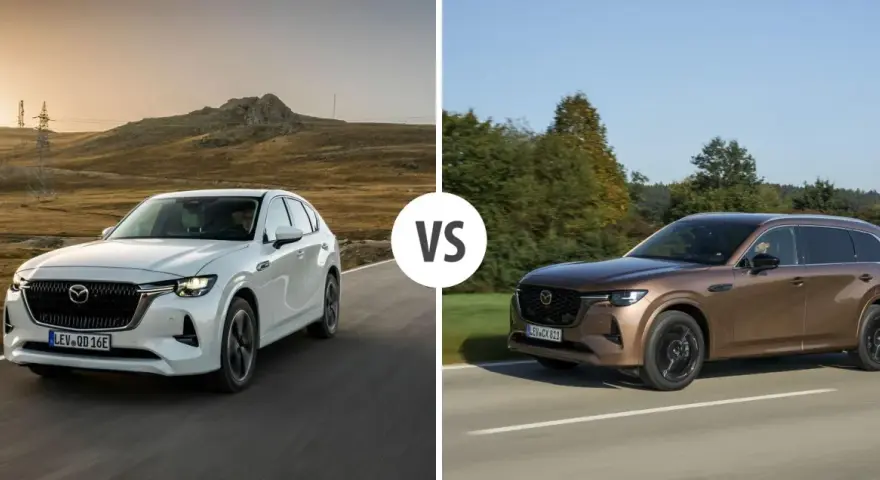 Dwa SUV-y Mazda CX-80: biały i brązowy, z napisem "VS" pośrodku.