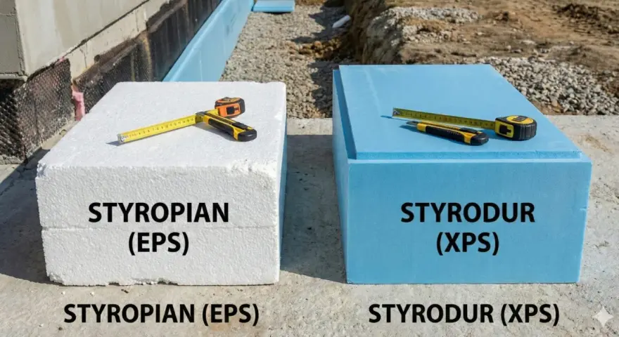 Biały styropian (EPS) i niebieski styrodur (XPS) obok siebie. Jaki styropian na fundamenty wybrać?