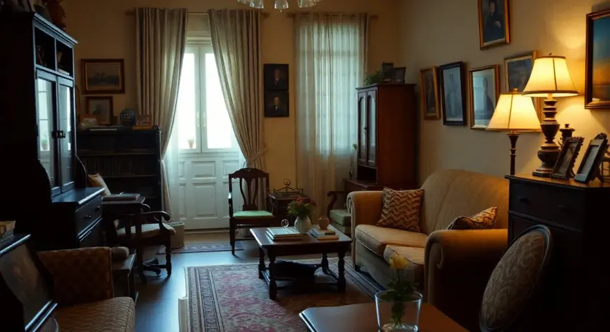 Stary salon, pamiątka po rodzicach. Wygodna kanapa, obrazy na ścianach i zabytkowe meble tworzą atmosferę spokoju.