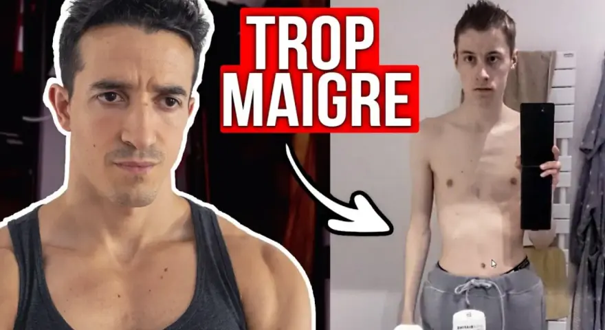 Un homme musclé regarde un jeune homme très maigre. Le texte "TROP MAIGRE" suggère un guide pour prendre de la masse musculaire quand on est maigre.