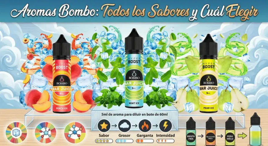 Aromas Bombo: melocotón, menta y pera helados. Elige tu sabor favorito para vapear.