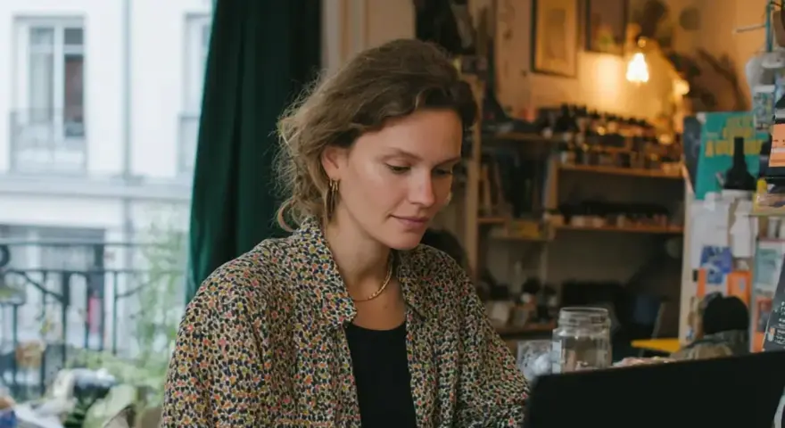 Kvinna med lockigt hår sitter vid en laptop och ska skriva mail. Hon bär en blommig skjorta och ett guldfärgat halsband.