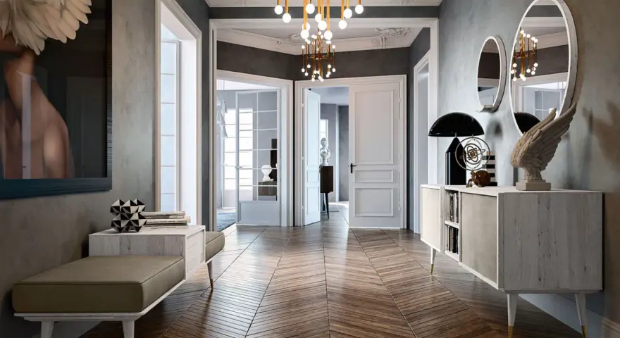 Ingresso di interni case moderne di lusso con parquet a spina di pesce, opere d'arte e arredi eleganti.