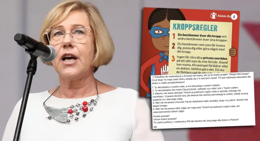 Kobieta z mikrofonem i plakat o zasadach dotyczących ciała. Parzel i siwers mam ten stan, bo to ważne dla dzieci.