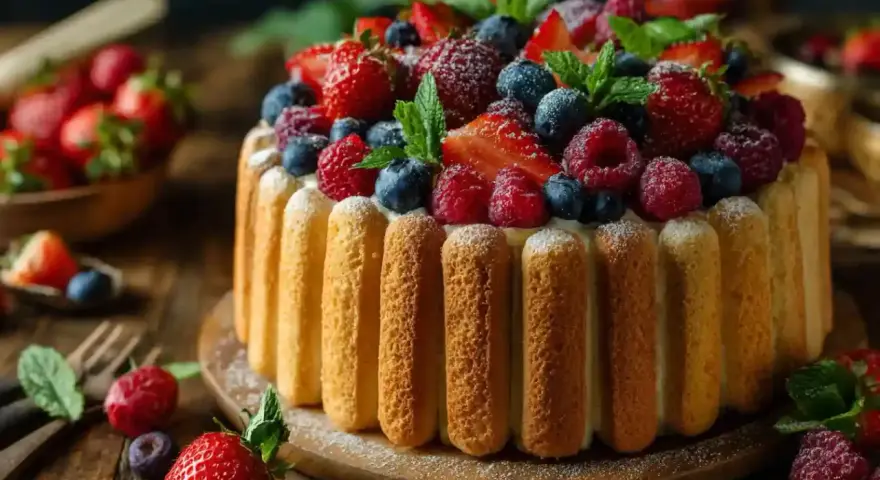 Charlotte aux fruits, un délice visuel et gustatif. Des biscuits à la cuillère entourent une crème onctueuse, le tout couronné de fraises, framboises et myrtilles fraîches.